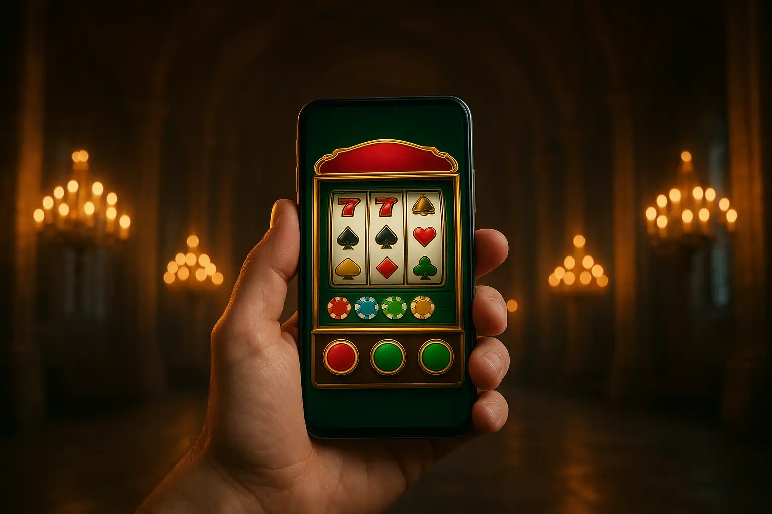 Smartphone zeigt RoyalRook Casino Oberfläche vor Schlosskulisse