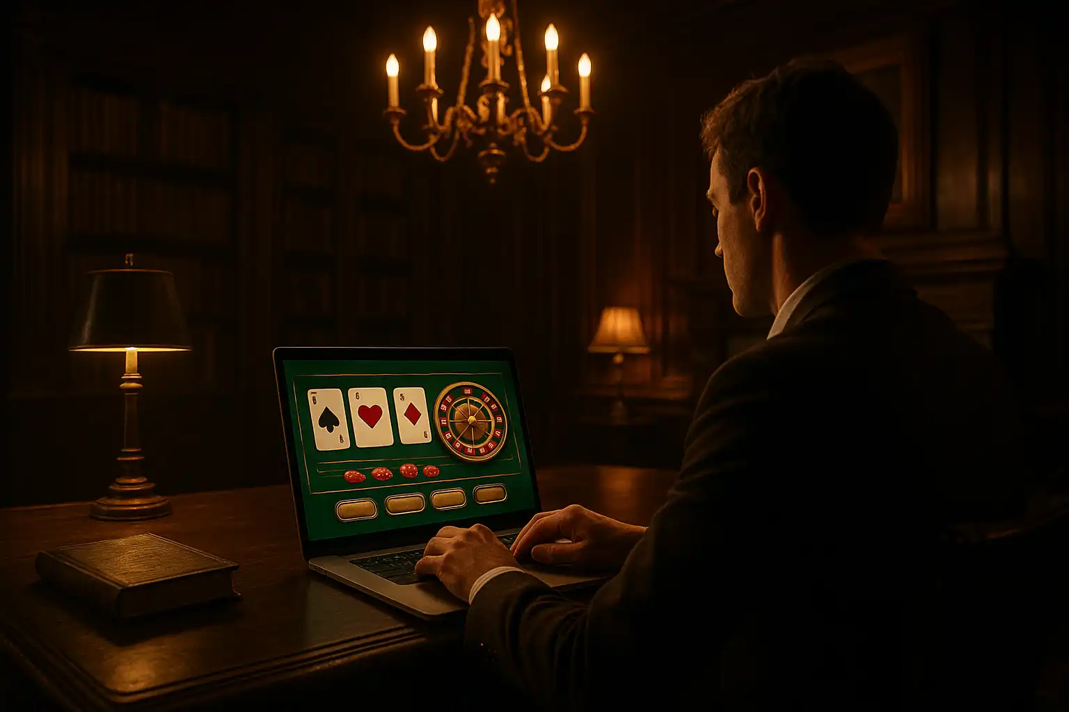 Redakteur bewertet ein Online-Casino auf einem Laptop vor Schlosskulisse