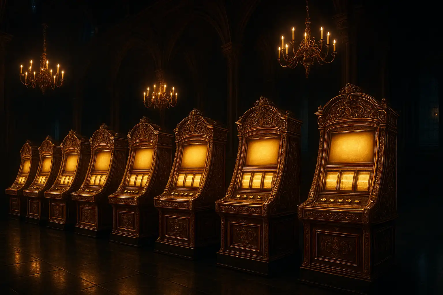 Reihe von Spielautomaten in einem Schlosssaal mit goldenen Verzierungen